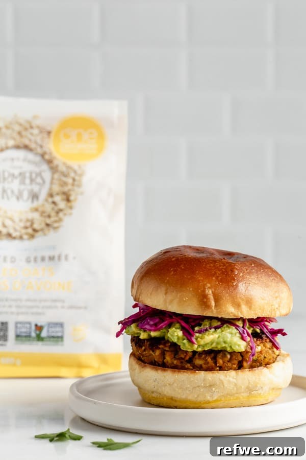 Your New Favorite Chickpea Burgers 9 A freshly cooked chickpea veggie burger served on a plate, ready to be enjoyed.