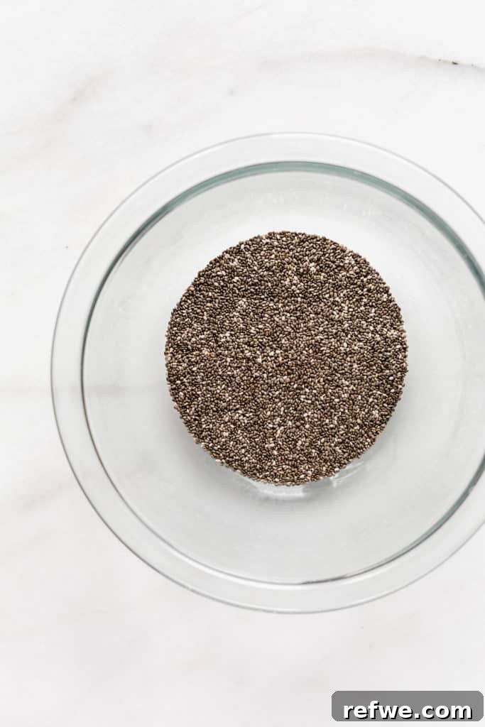 Creamy Vanilla Chia Delight 4 Chia seeds in a clear mixing bowl, ready for liquid ingredients.
