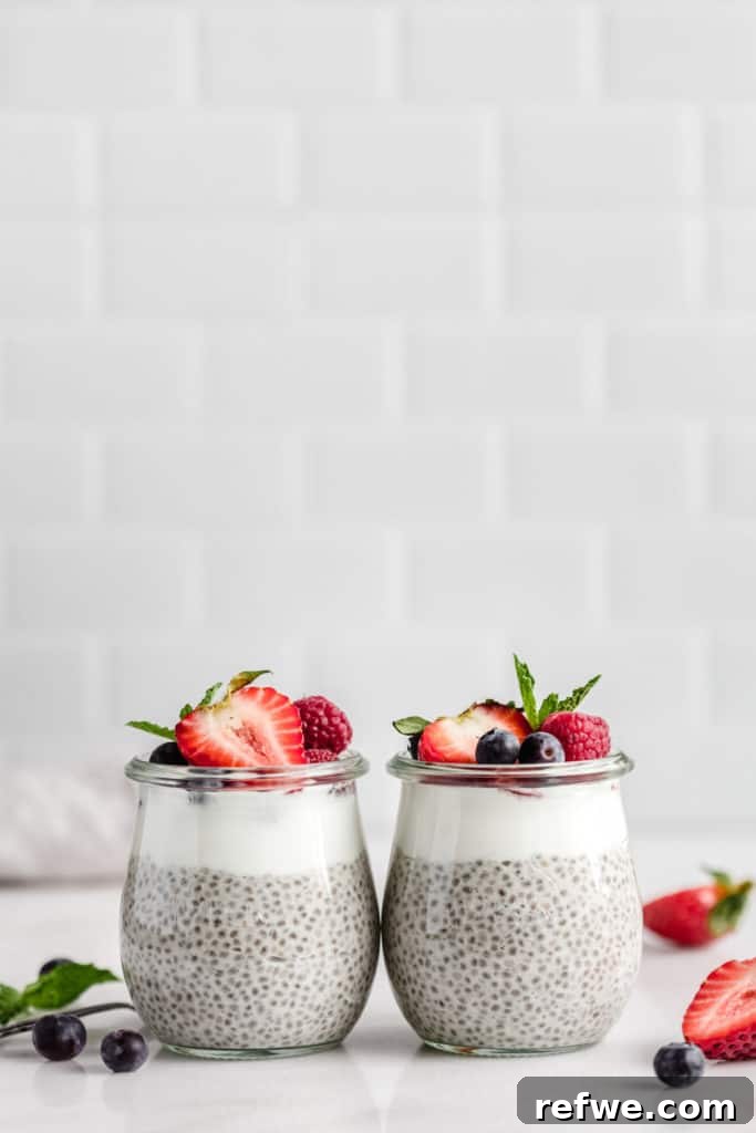 Creamy Vanilla Chia Delight 7 Two small cups of vanilla chia pudding topped with an assortment of fresh berries, ready to be served.