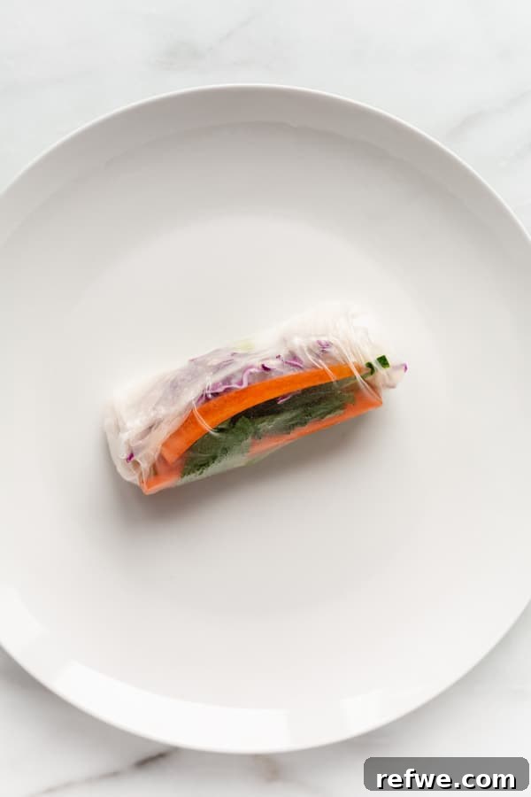 Summer Rolls 8 A perfectly rolled fresh spring roll, ready to be served, resting on a white plate.