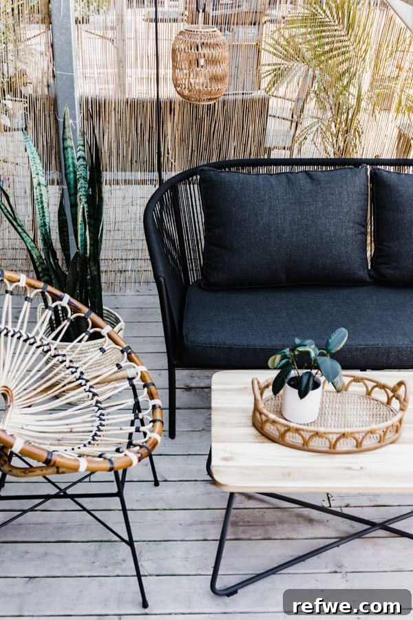 5 Ways to Spruce Up Your Patio for Memorial Day Savings 3 A modern patio sofa and sleek coffee table creating a chic outdoor lounge area.