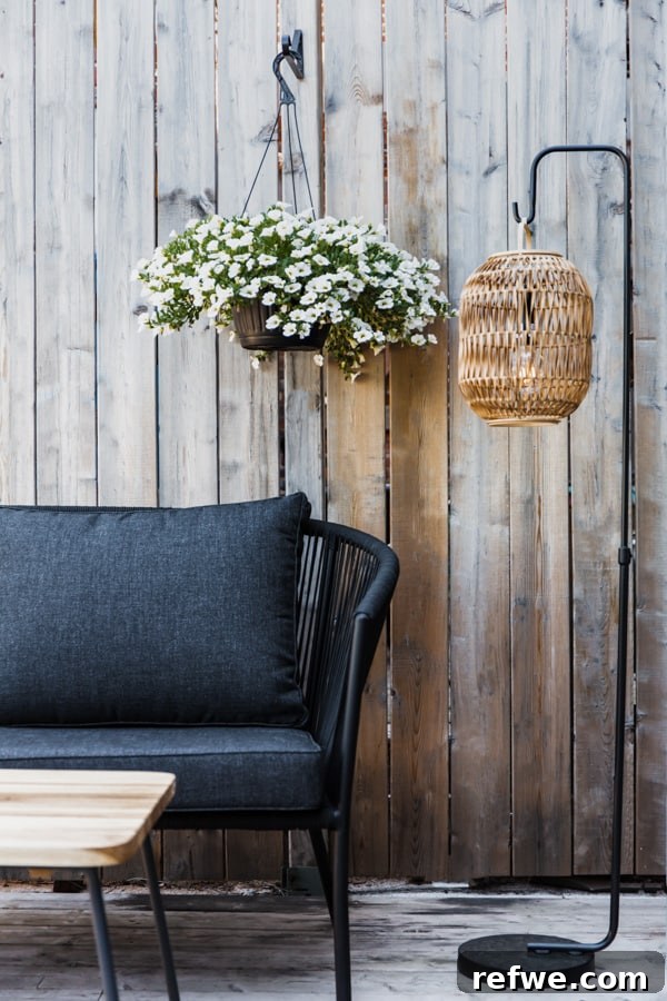 5 Ways to Spruce Up Your Patio for Memorial Day Savings 5 An inviting patio setup featuring a comfortable sofa, a unique lamp, and cozy cushions.