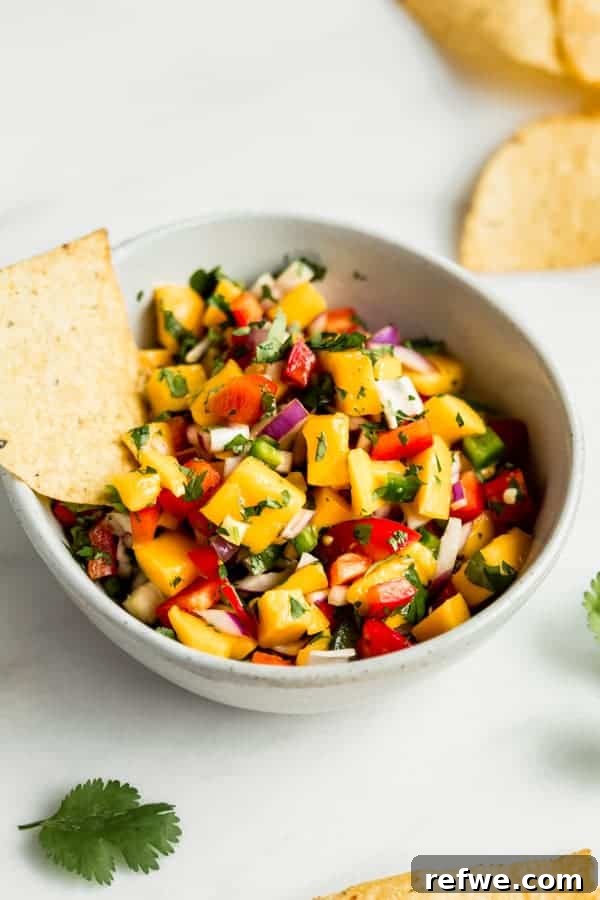 Ferah ve Pratik Mango Salsa 2 A vibrant bowl of fresh mango salsa, ready to be enjoyed with a tortilla chip.