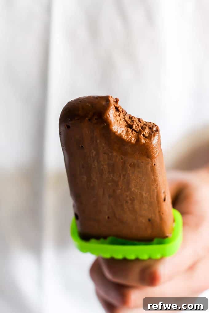 Effortless Oven-Free Sweet Treats 12 An avocado chocolate fudge pop, dark brown and creamy, with a bite taken out, on a light background.