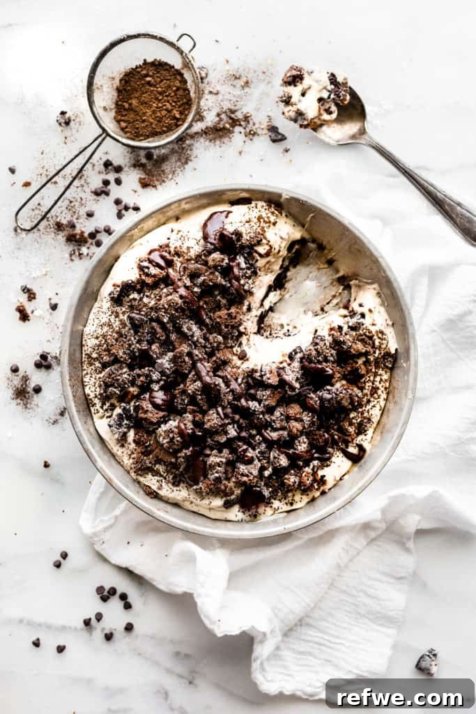 Effortless Oven-Free Sweet Treats 14 A slice of no-bake dirt pie, garnished with chocolate chips and served with a napkin and spoon.