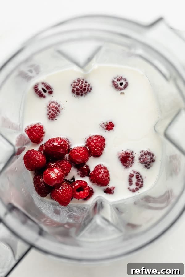 Decadent Chocolate Raspberry Chia Pudding 6 A blender filled with creamy cashew milk and bright red raspberries, poised for blending into the raspberry chia pudding base.