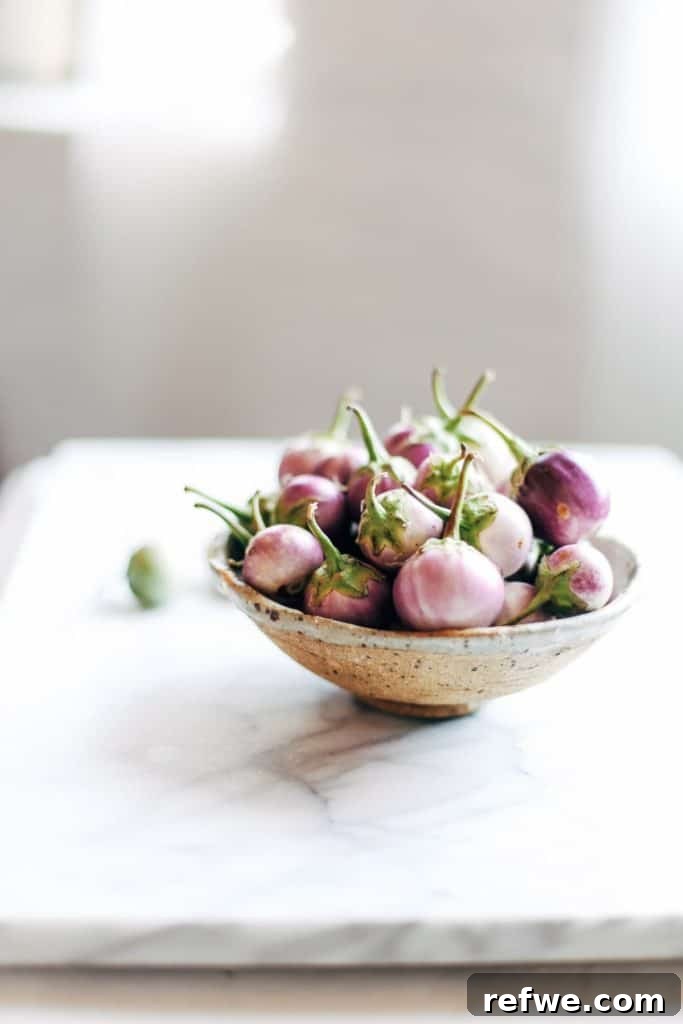 Eggplant Mastery Delicious Recipes and Tips 2 A bowl of small eggplant on a white marble background