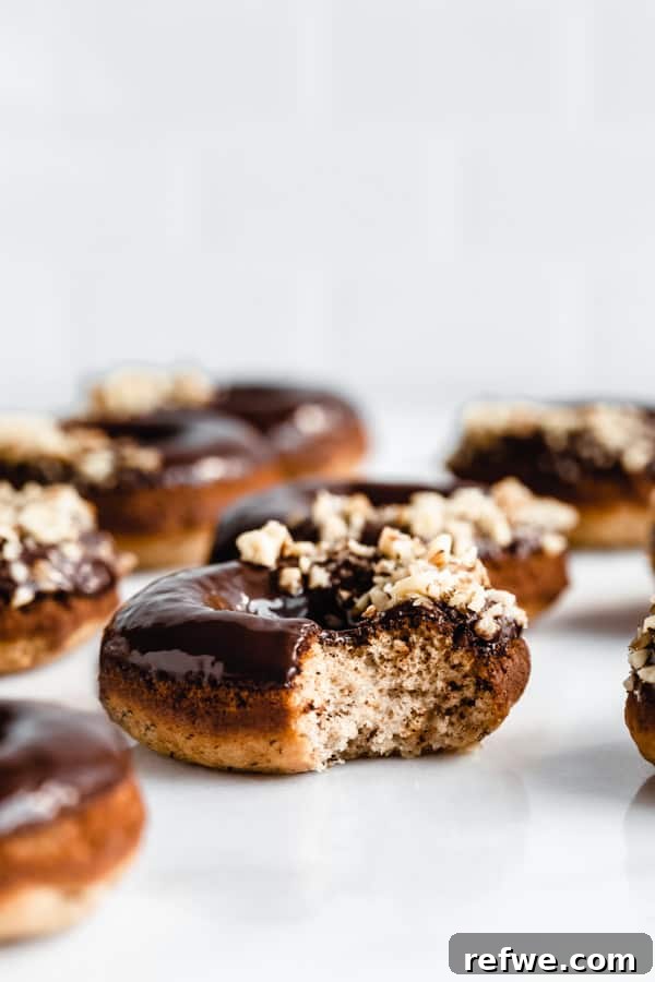 Soft Baked Vegan Banana Bread Donuts 5 A side profile of a vegan banana bread donut, showcasing its fluffy interior and delectable chocolate ganache glaze, with a small bite taken out.