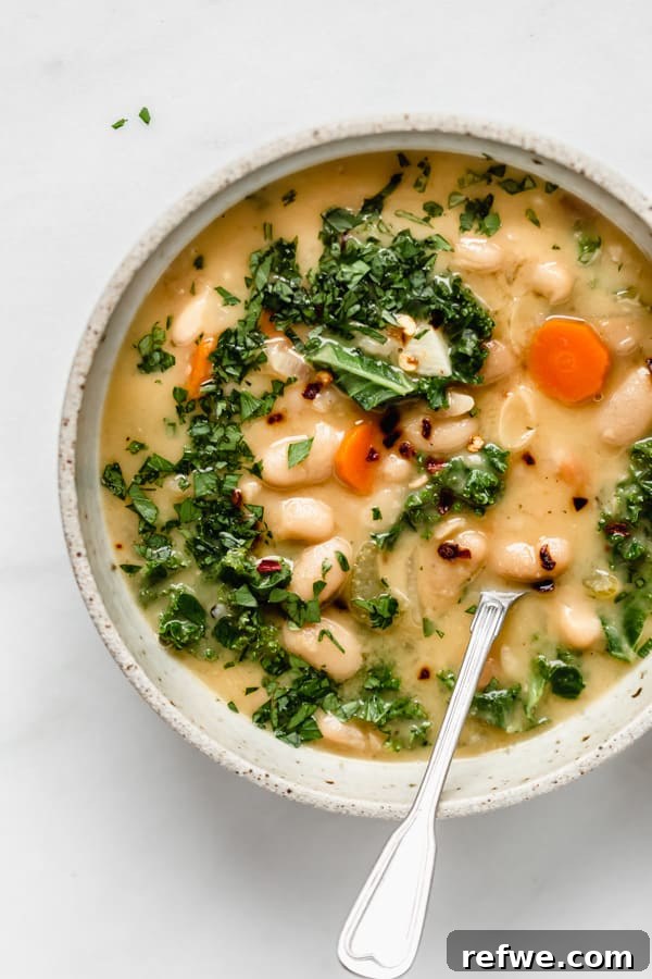 25 Delicious Vegan Dinners Made Easy 2 A hearty bowl of Tuscan White Bean Soup with a spoon, rich with vegetables and beans
