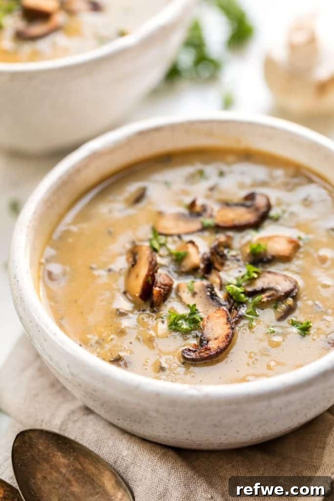25 Delicious Vegan Dinners Made Easy 19 Creamy and hearty Mushroom Quinoa Soup in a bowl