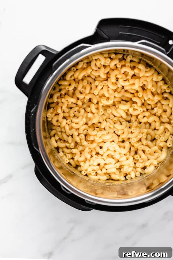Quick Creamy Instant Pot Mac and Cheese 7 a top down view of mac and cheese in an instant pot