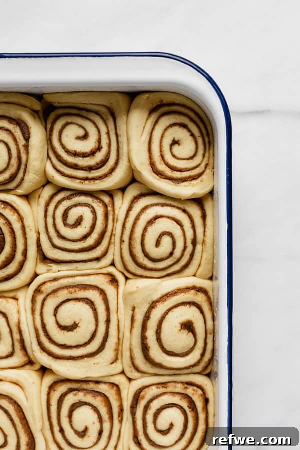 Cozy Vegan Pumpkin Spice Cinnamon Buns 3 A white enamel baking pan filled with unbaked vegan pumpkin spice cinnamon rolls, ready for their final rise.