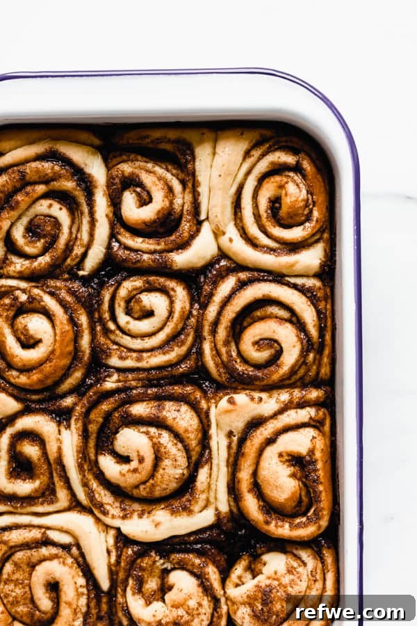 Cozy Vegan Pumpkin Spice Cinnamon Buns 4 A white enamel baking pan showcasing a fresh batch of golden-brown vegan pumpkin spice cinnamon rolls, just out of the oven.