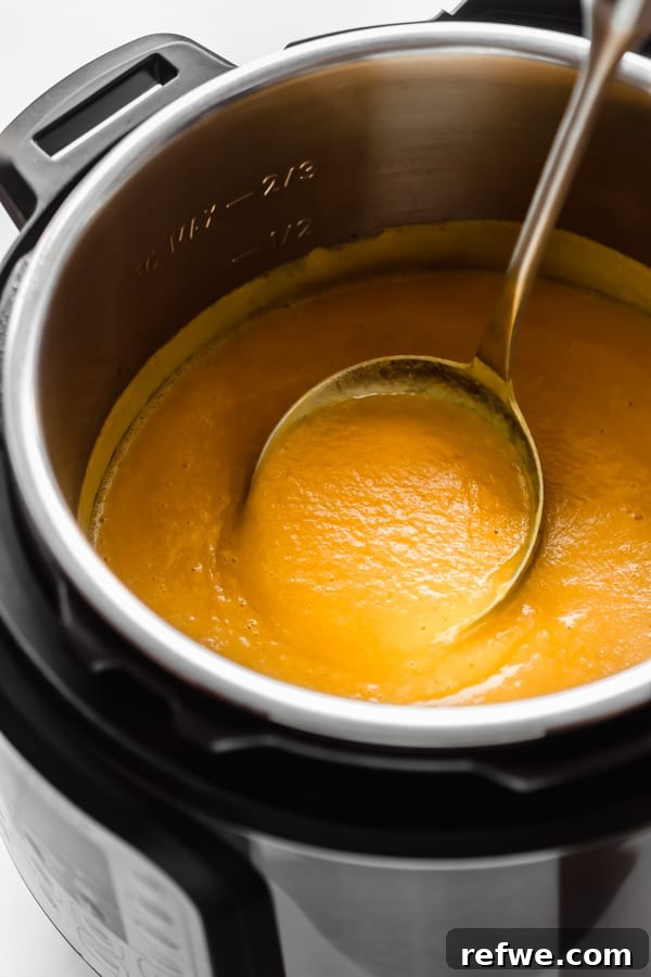 Golden Butternut Instant Pot Comfort 7 a ladle scooping a spoonful of butternut squash soup in an instant pot