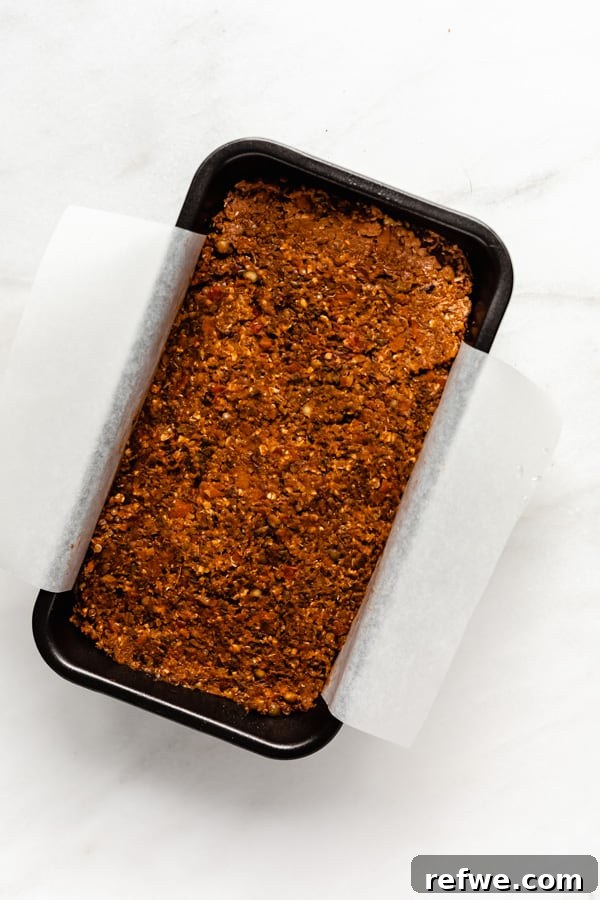 Comforting Plant-Based Lentil Loaf 5 Lentil loaf in a pan