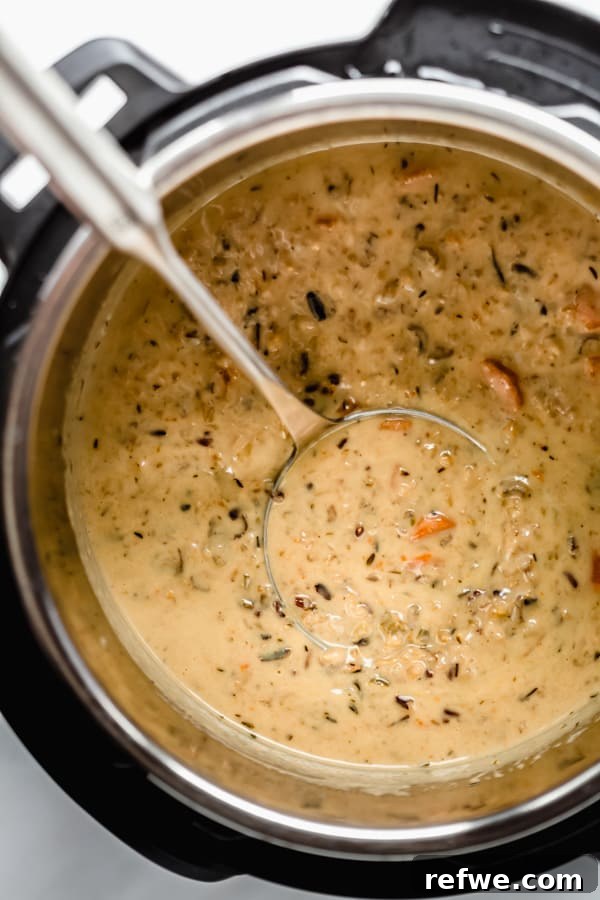 Creamy Instant Pot Wild Rice Comfort 8 A close-up of the finished Instant Pot Wild Rice Soup, creamy and ready to serve.