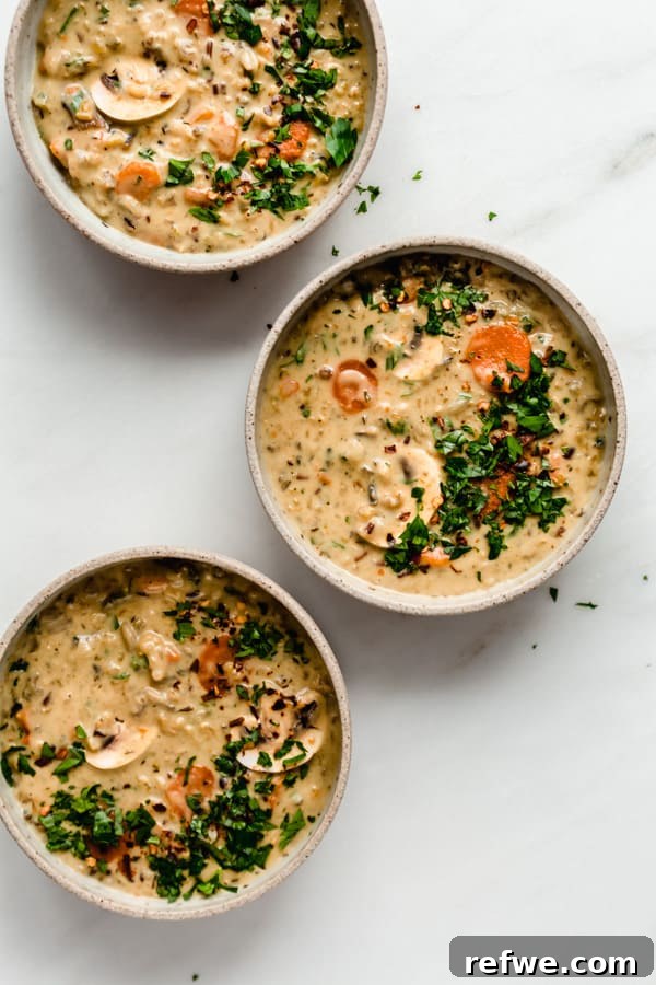 Creamy Instant Pot Wild Rice Comfort 9 Three serving bowls of Instant Pot Wild Rice Soup, garnished with fresh parsley, ready to be enjoyed.