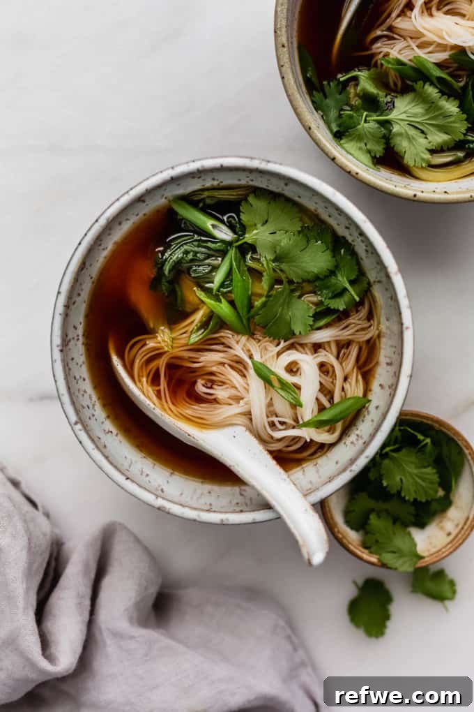 Aromatic Vegan Pho 2 A vibrant bowl of vegan pho soup, richly garnished with fresh rice noodles, bright cilantro, and crisp green onions, promising a comforting and aromatic dining experience.