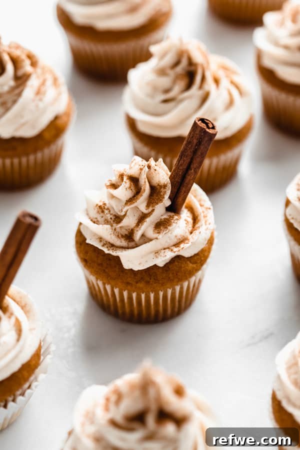Cozy Vegan Pumpkin Spice Latte Cupcakes 6 Decorated vegan pumpkin spice latte cupcakes, garnished with creamy frosting and elegant cinnamon sticks