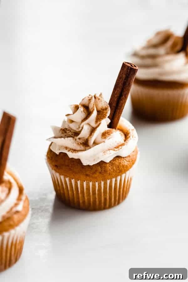 Cozy Vegan Pumpkin Spice Latte Cupcakes 7 Close-up of a single vegan pumpkin spice latte cupcake, beautifully frosted and topped with pumpkin spice and a cinnamon stick