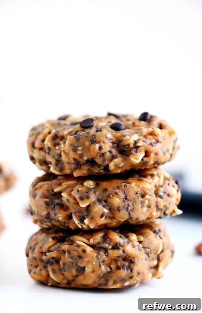 Quick Nutritious Morning Meals 12 stack of three healthy breakfast cookies topped with chocolate chips on a white countertop