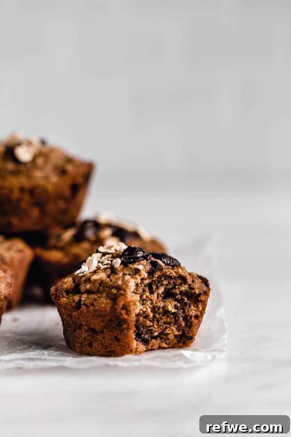 Portable Oat Cups 11 A single baked oatmeal cup with a bite taken out, revealing its soft, chocolatey interior and wholesome texture.