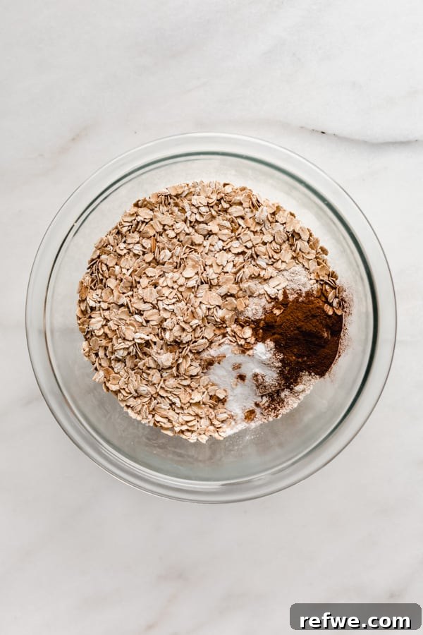 Portable Oat Cups 4 A bowl of dry ingredients, including oats and cinnamon, waiting to be mixed for the baked oatmeal cups.