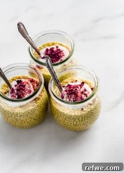 Three jars of chia golden milk latte chia pudding topped with yogurt and rose petals
