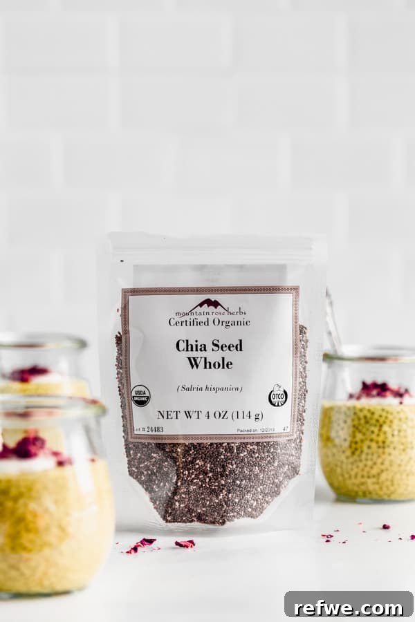 Golden Glow Chia Pudding 3 A package of high-quality chia seeds, the foundational ingredient, surrounded by several jars of prepared golden milk chia pudding, highlighting its versatility and ease of preparation.