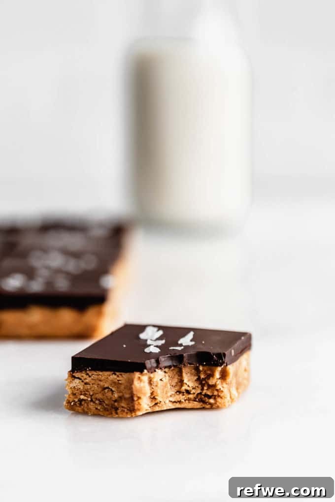 Decadent Chocolate Peanut Butter Muscle Bars 9 A finished chocolate peanut butter protein bar with a bite taken out, showing the layers.