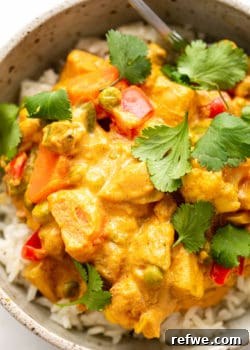 A bowl of vegetable korma served over rice, garnished with cilantro.