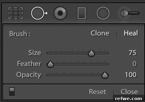 Adobe Lightroom healing brush tool interface
