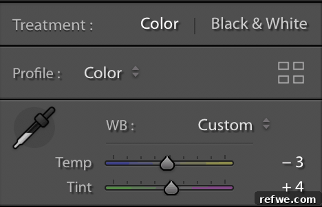 Adobe Lightroom white balance graph showing temp and tint sliders