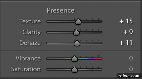 Adobe Lightroom presence graph showing texture, clarity, and dehaze sliders