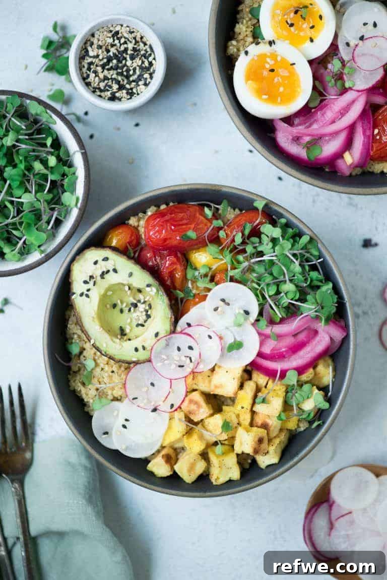 A savory breakfast bowl artfully arranged with sliced radishes, blistered cherry tomatoes, a sprinkle of black sesame seeds, delicate microgreens, and a creamy half avocado.