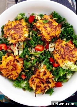 Close-up of Kale Salad with Sweet Potato Hash Browns