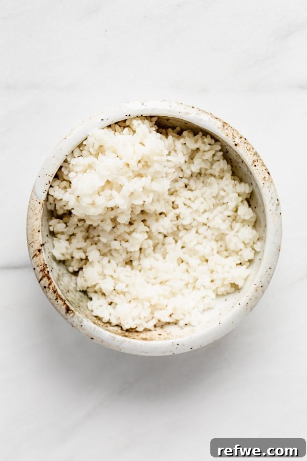 A ceramic bowl with a base layer of white sushi rice.