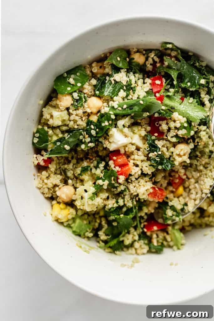 Vibrant Green Goddess Quinoa Bowl 7 A mixed quinoa power bowl ready to be served