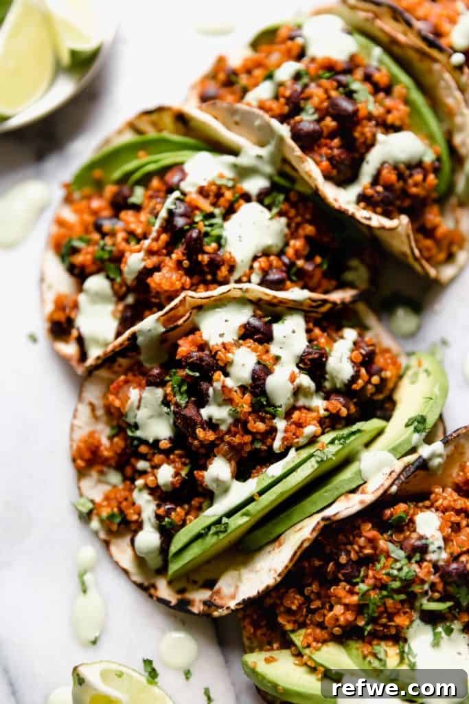 21 Amazing Meals from a Single Can of Beans 17 Vibrant tacos generously filled with quinoa, black beans, avocado, and drizzled with a zesty cilantro lime crema