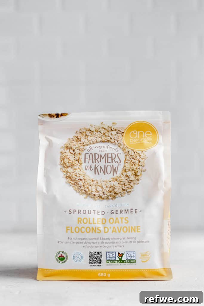 A bag of One Degree Organics Sprouted Rolled Oats, highlighting the key ingredient for healthy vegan pancakes.