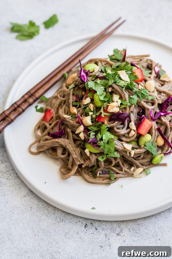 A refreshing Cold Soba Noodle Salad, topped with a rich spicy peanut sauce, and garnished with fresh vegetables like edamame and red peppers.