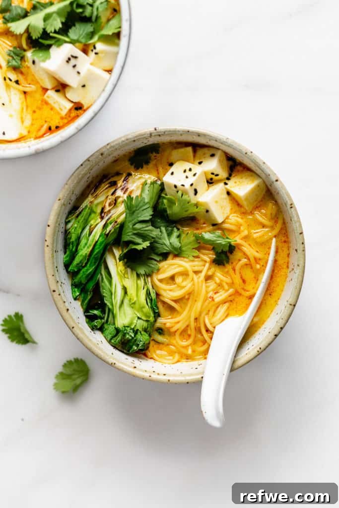 Effortless Vegetarian Laksa 3 A single bowl of vegetarian laksa, featuring a generous serving of noodles, tofu, and bok choy, with a large spoon resting inside.