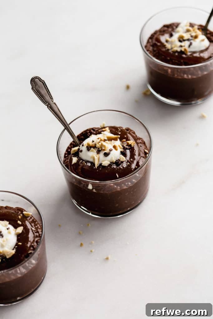 A cup of Snickers chia pudding generously topped with cacao nibs, crushed peanuts, and a swirl of yogurt.
