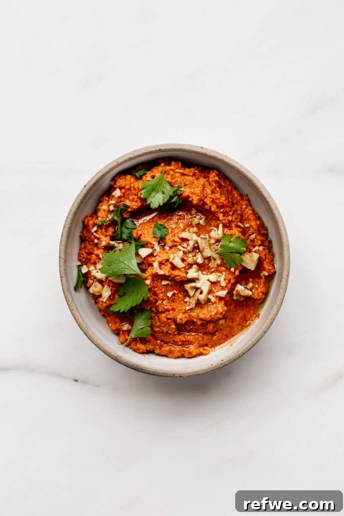 Roasted Red Pepper Walnut Muhammara 3 A ceramic white bowl with roasted red pepper dip topped with crushed walnuts and fresh parsley, presented beautifully for serving.