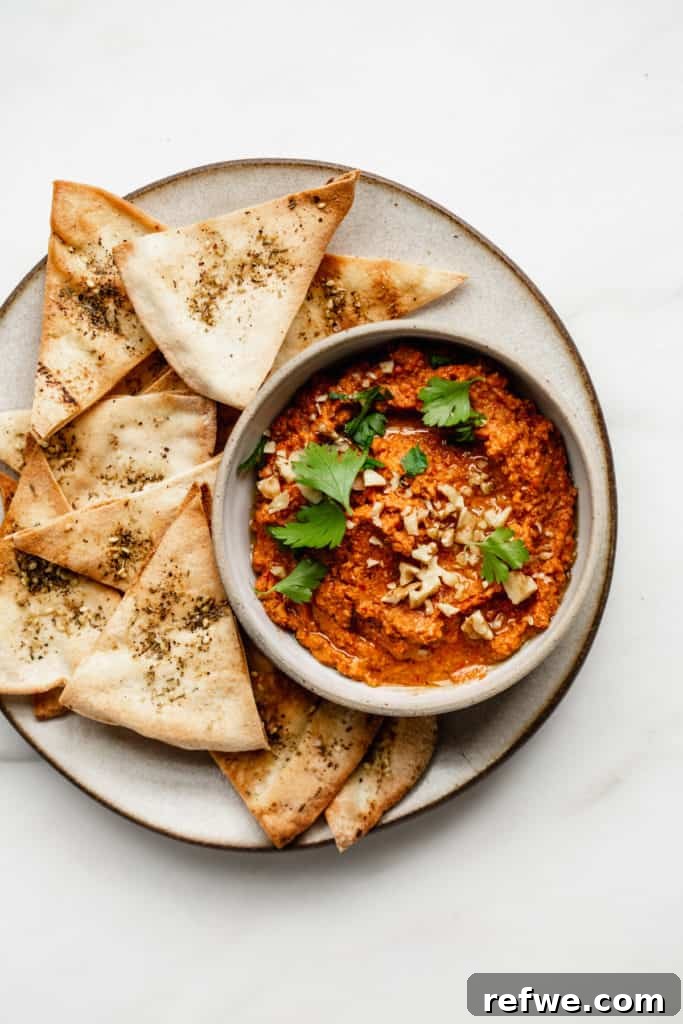 Roasted Red Pepper Walnut Muhammara 6 A beautifully presented bowl of roasted red pepper dip with a side of crispy pita chips, ready for serving.