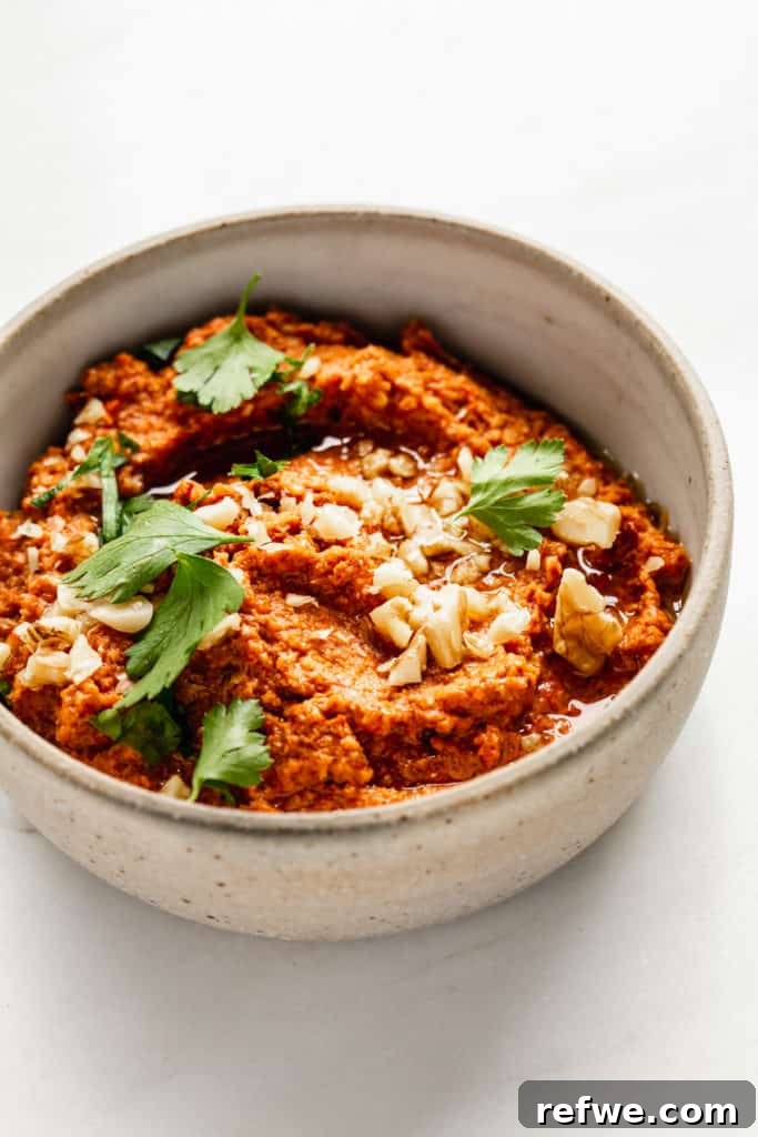 Roasted Red Pepper Walnut Muhammara 7 A close-up shot of roasted red pepper dip in a ceramic bowl, garnished with fresh parsley on top, highlighting its rich color and texture.