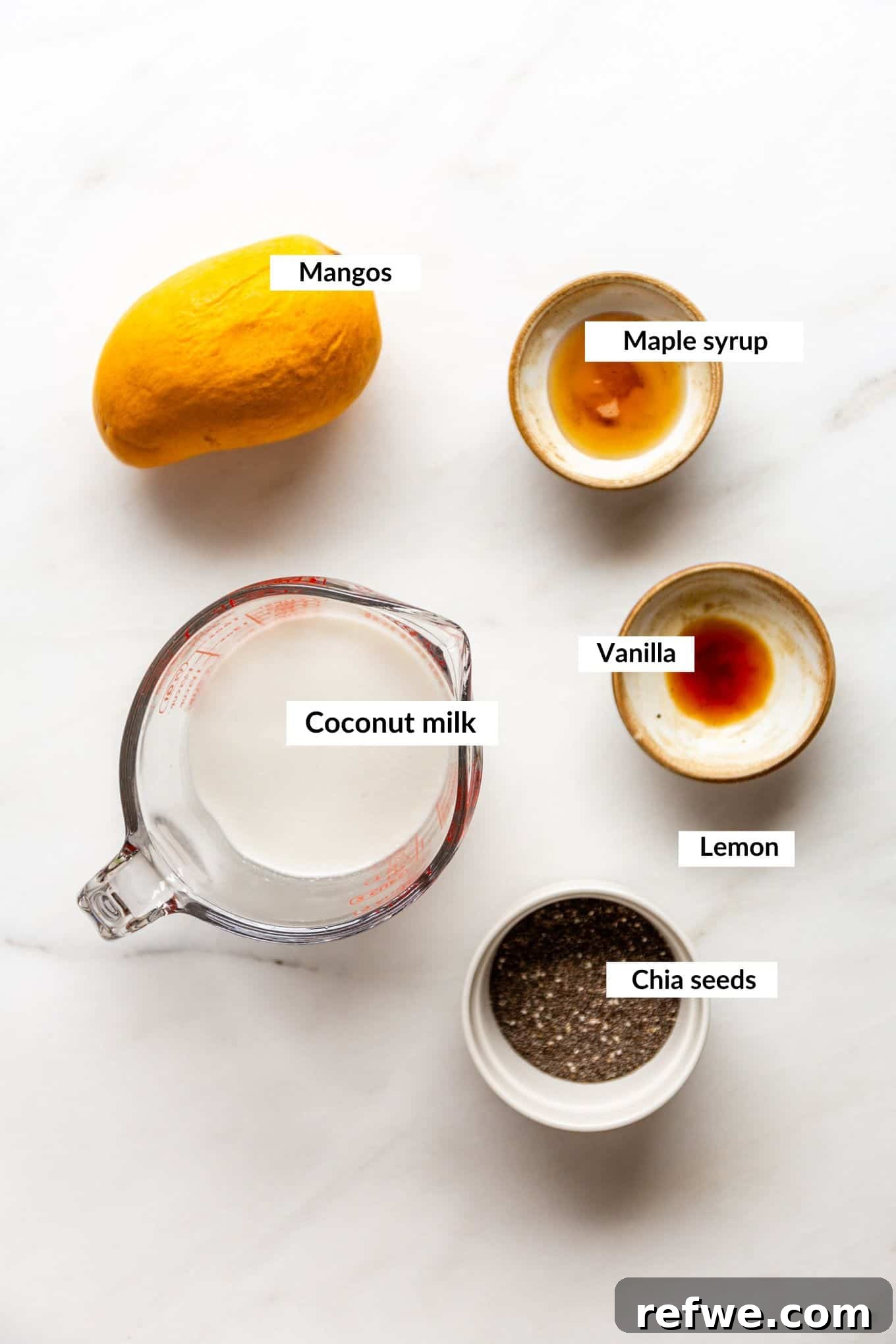 A flat lay of fresh ingredients for mango chia pudding including ripe mango, a can of coconut milk, chia seeds, maple syrup, and vanilla extract.