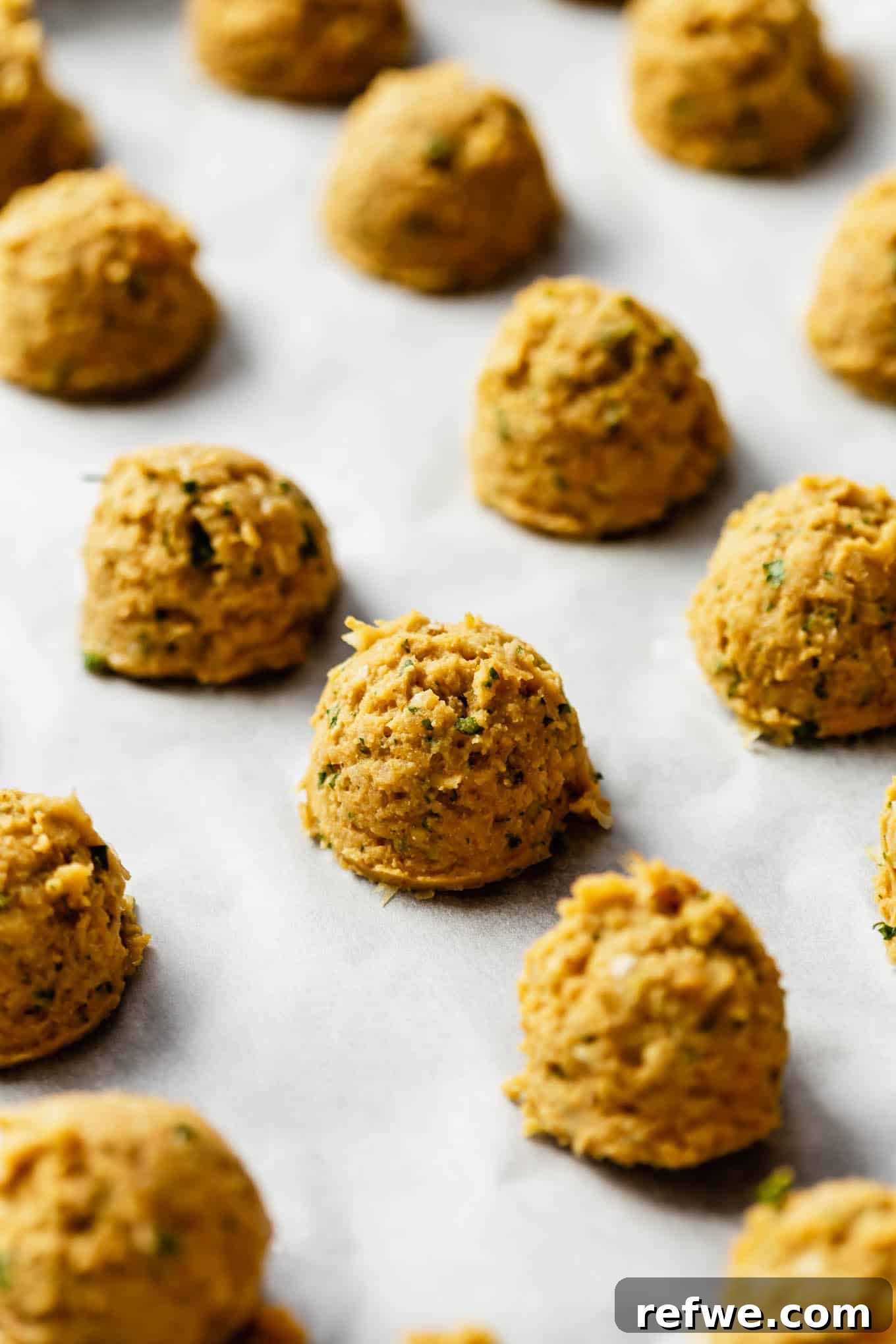 Sweet Potato and Chili Falafel 5 Unbaked sweet potato falafel balls arranged neatly on parchment paper on a baking sheet.