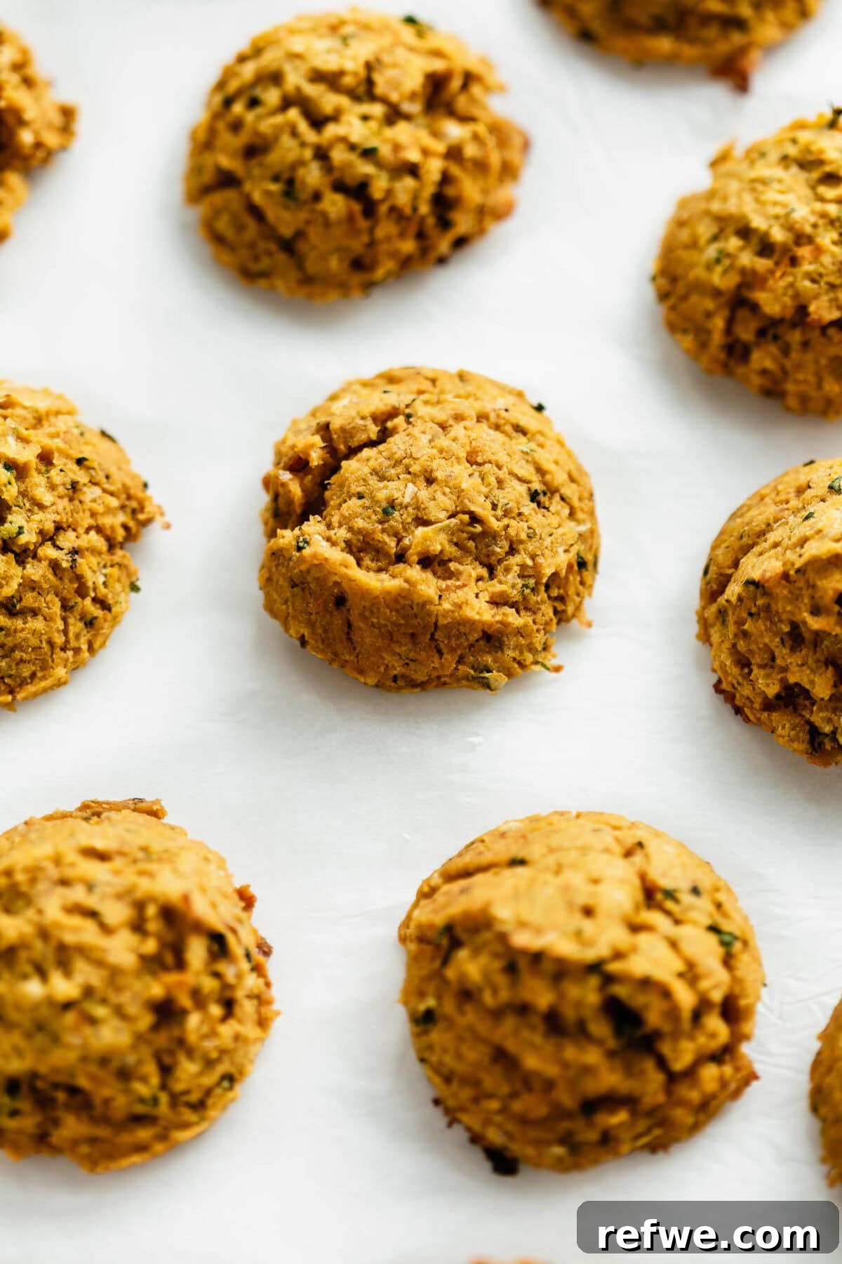 Sweet Potato and Chili Falafel 6 Baked sweet potato falafel, golden brown and perfectly cooked, resting on parchment paper.