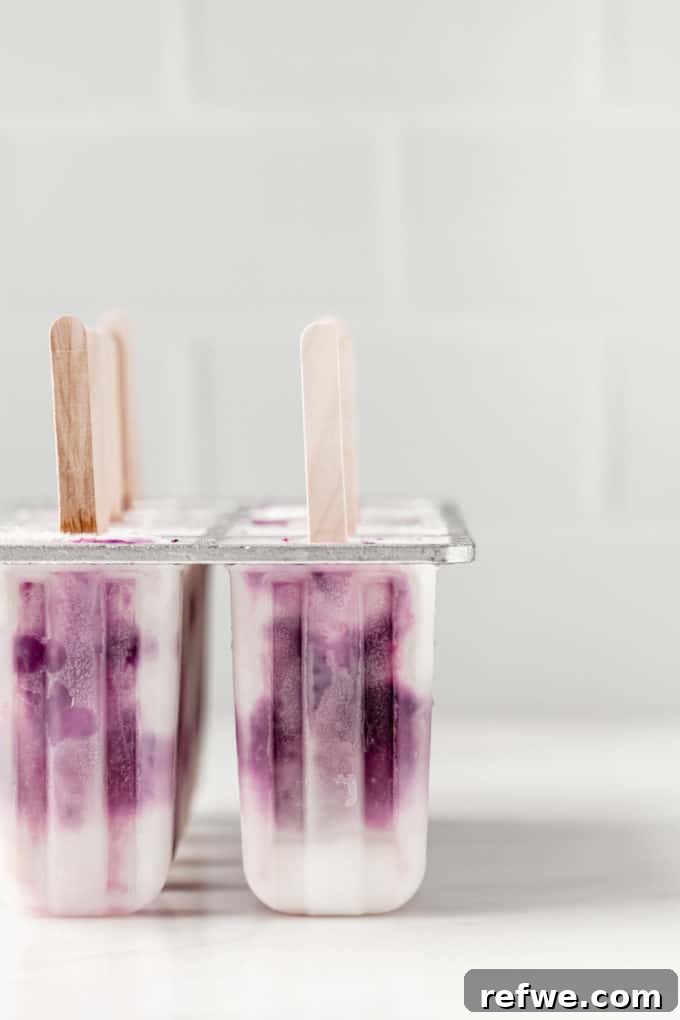 Blueberry Greek yogurt mixture being poured into a popsicle mold, showing distinct layers and swirls of purple and white